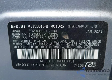 2024 Mitsubishi Mirage Es/Le from USA, damaged, VIN ML32AUHJ7RH007751